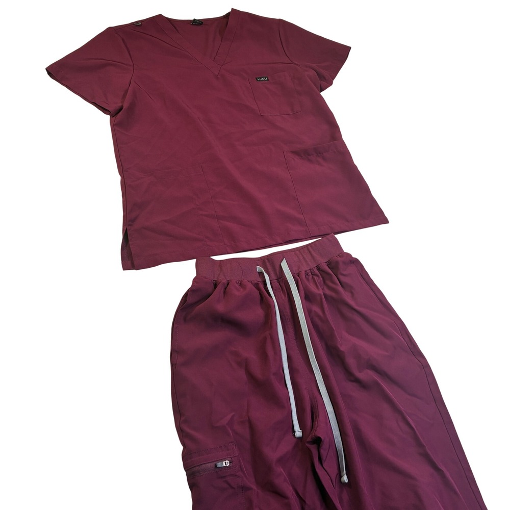 Viaoli Luxe Burgundy Scrub Set V-Neck Pocket Top & Jogger Pants Small Maroon